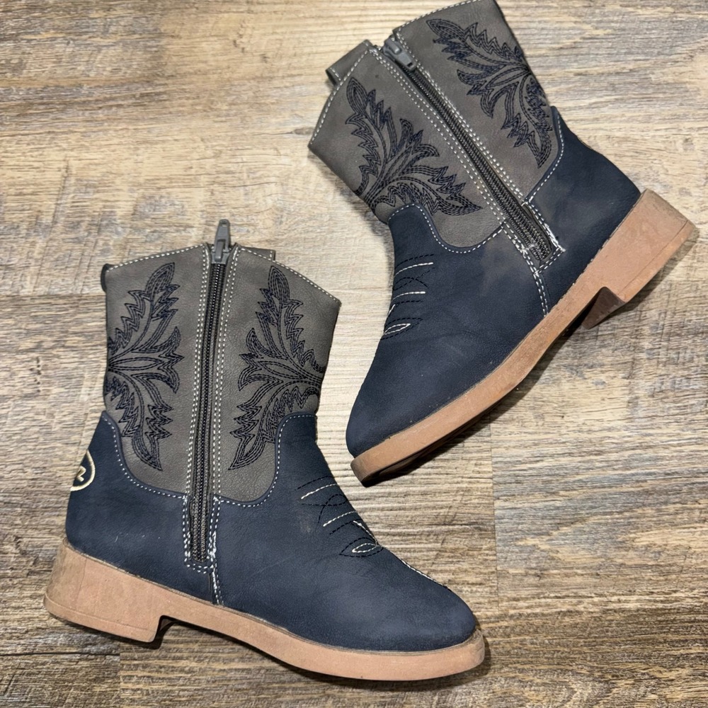 Pawz Kids Size 13 Cowboy Boots Navy Gray Western Embroidered Boys Girls Zip